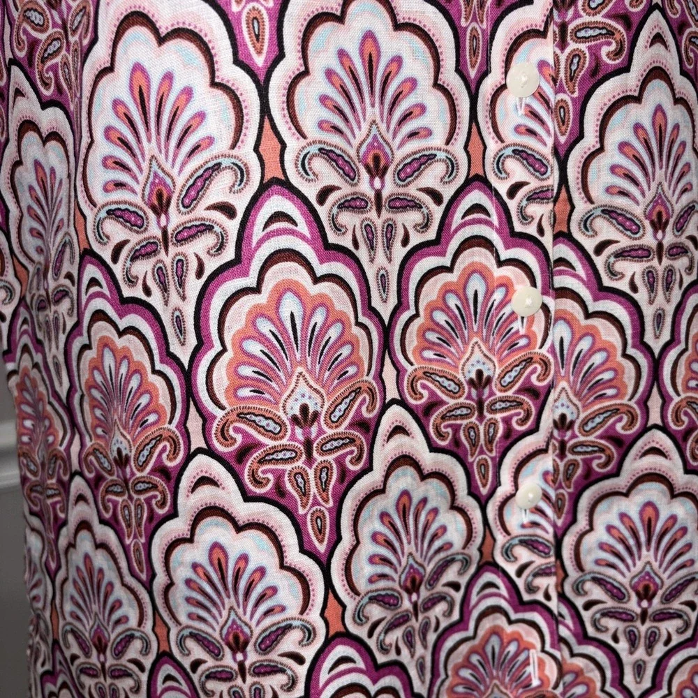 Chico's Top Womens Size 1 Pink‎ Linen No-Iron Paisley Button 3/4 Sleeve Career
